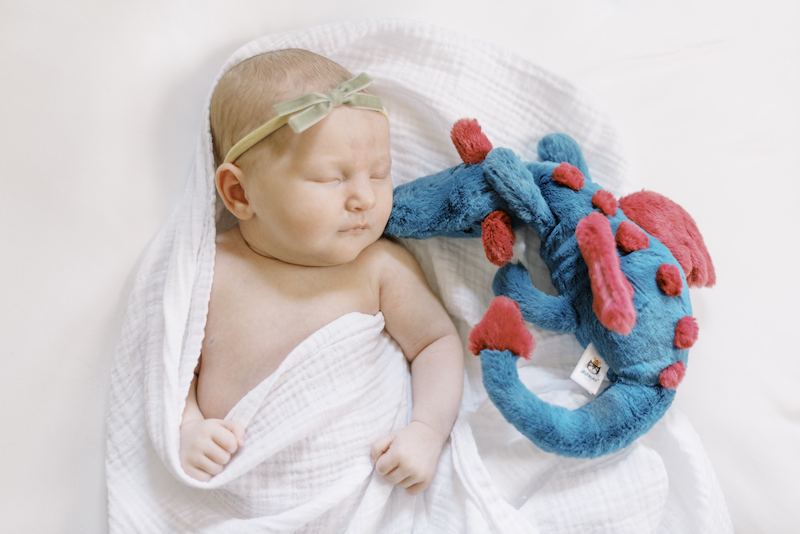 Richmond-newborn-photography newborn baby with dragon stuffed toy