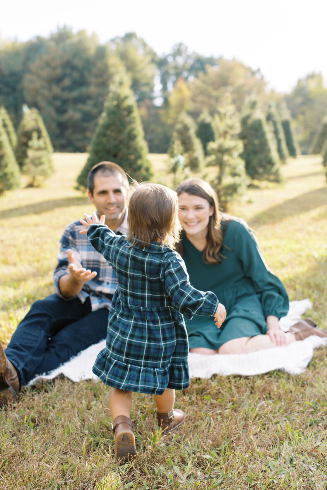Richmond holiday family photo of parents with daughter in Christmas Tree farm