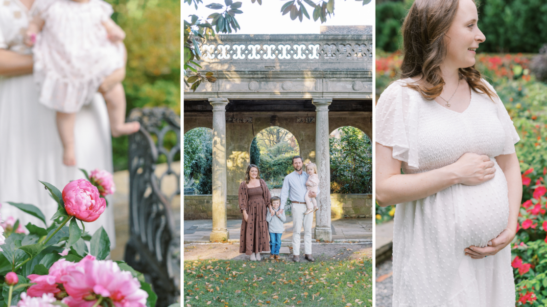 Three photos of families at Virginia House and Agecroft Hall, two Richmond Va family photo locations by Jacqueline Aimee Portraits