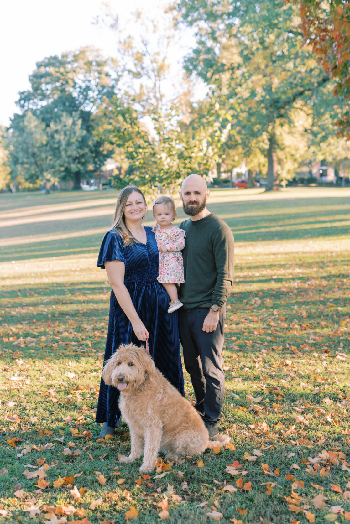 Photo of a family of three with their dog amongst the fall foliage during their richmond fall mini session with jacqueline aimee portraits