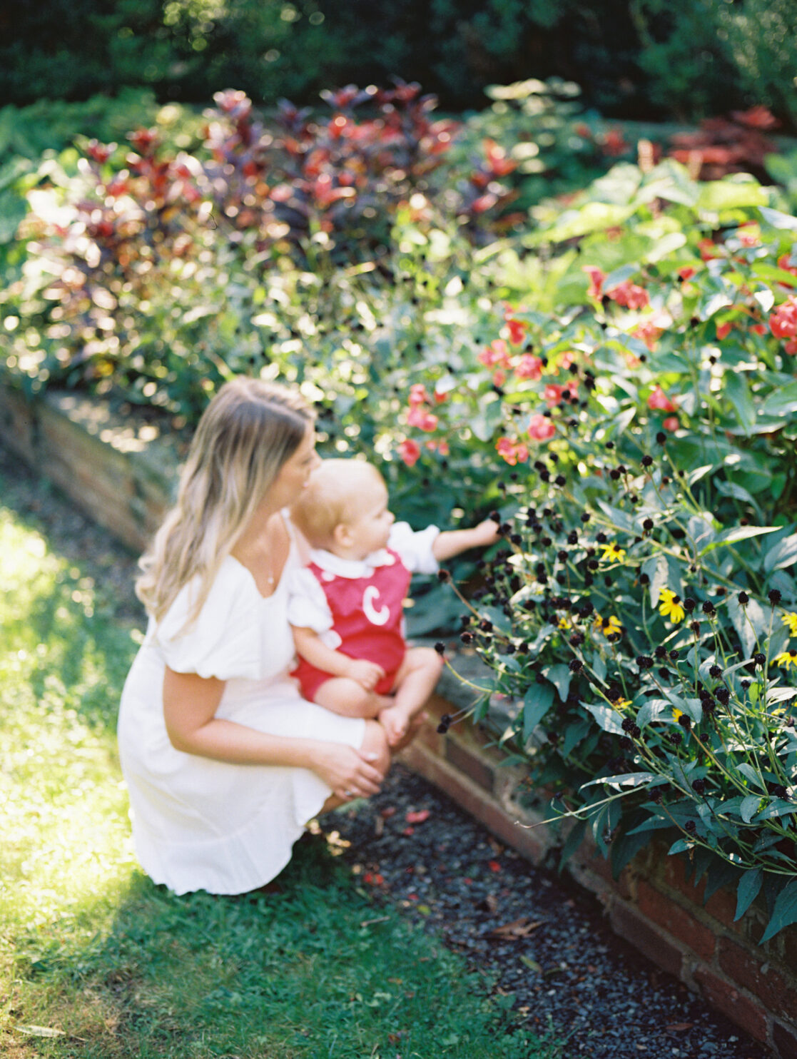 photo of a mother and her toddler son enjoying a bustling garden during their richmond fall mini session with jacqueline aimee portraits