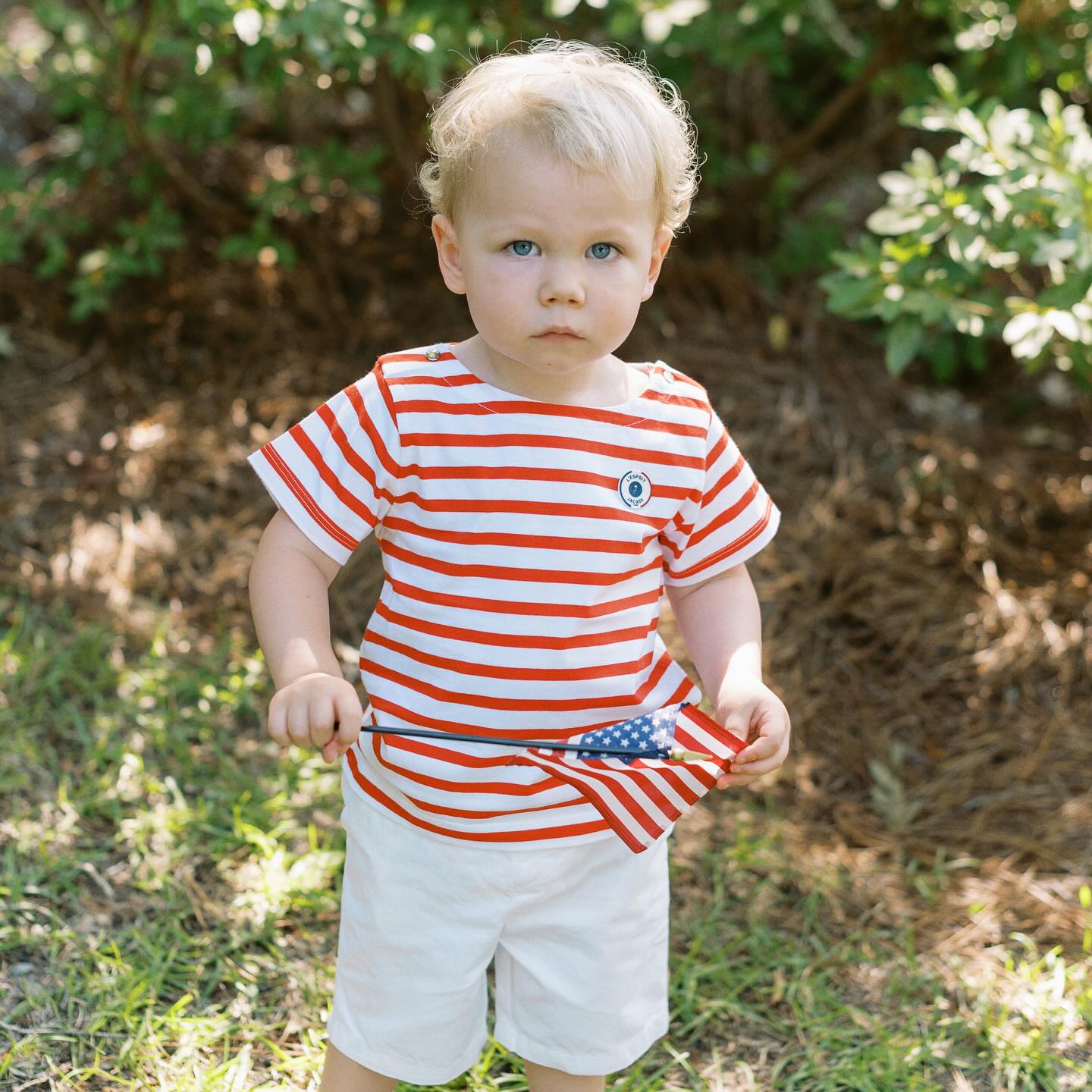 4th of July events in Richmond | Photo of a little boy in a red and white shirt holding an American flag by Richmond family Photographer Jacqueline Aimee Portraits