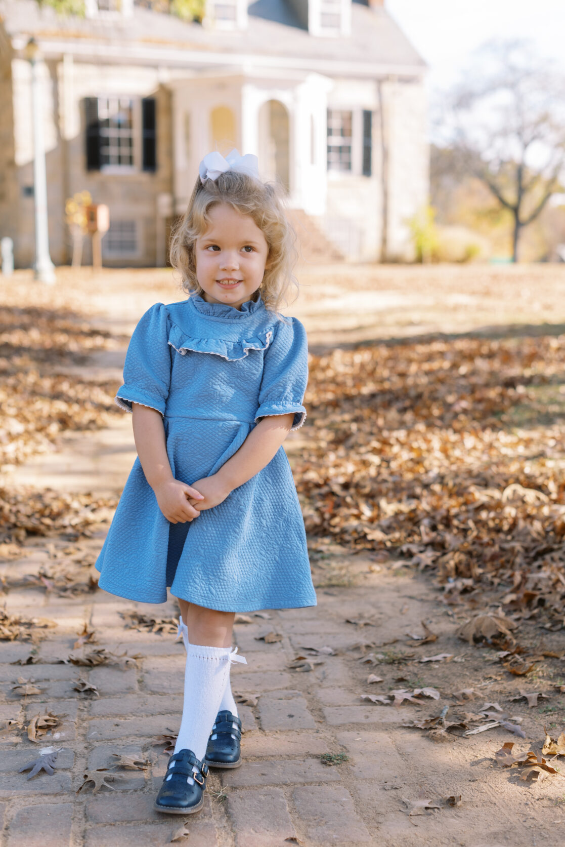 Richmond VA Fall Family Photos | a young girl in a blue dress poses sweetly in front of some autumn leaves 